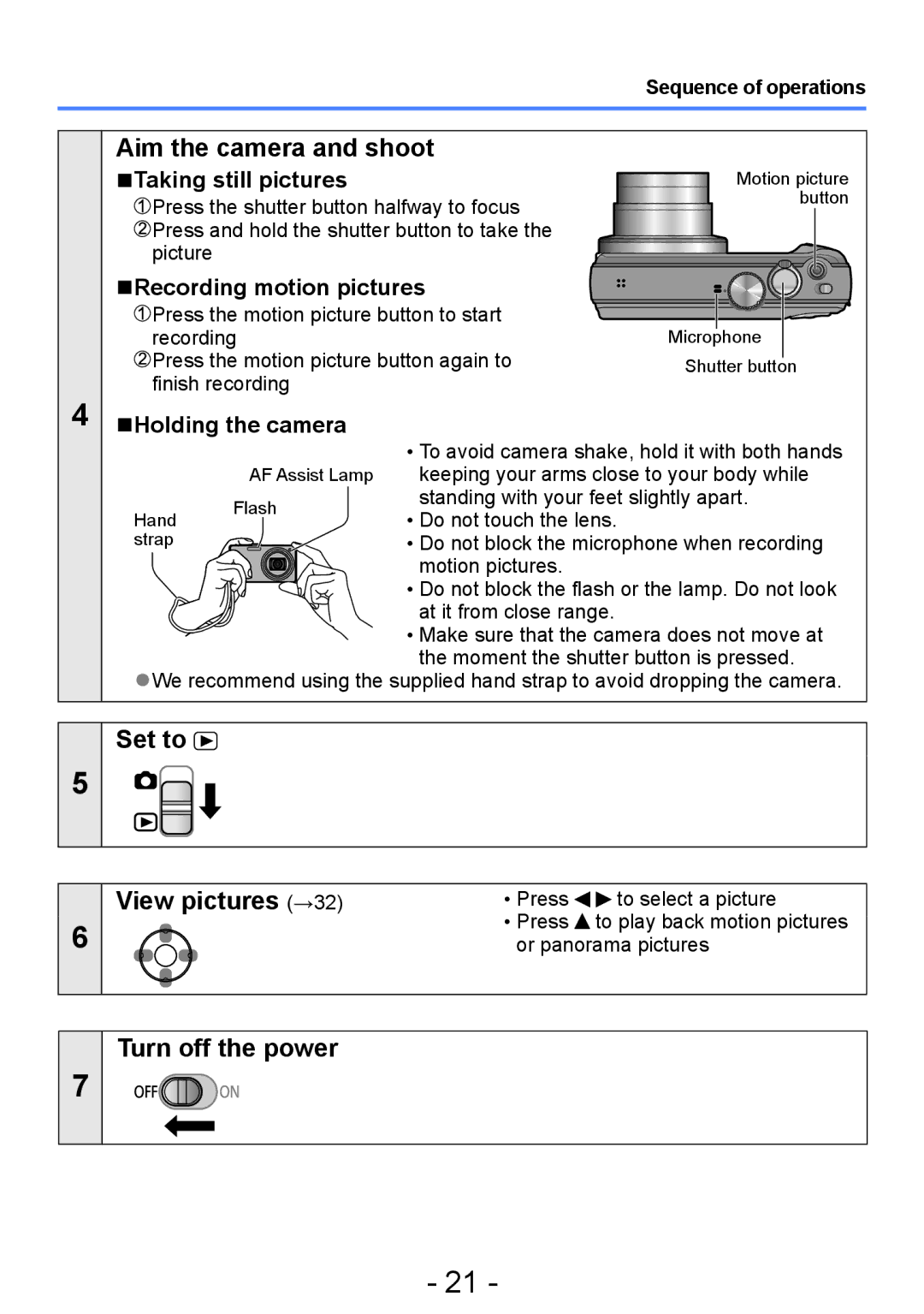 Panasonic DMC-TZ25, DMC-ZS15 operating instructions Aim the camera and shoot, Set to View pictures →32, Turn off the power 