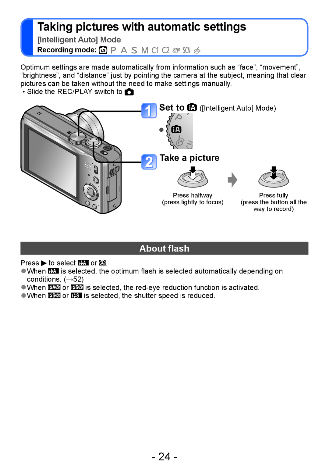 Panasonic DMC-ZS15, DMC-TZ25 operating instructions Taking pictures with automatic settings, About flash 