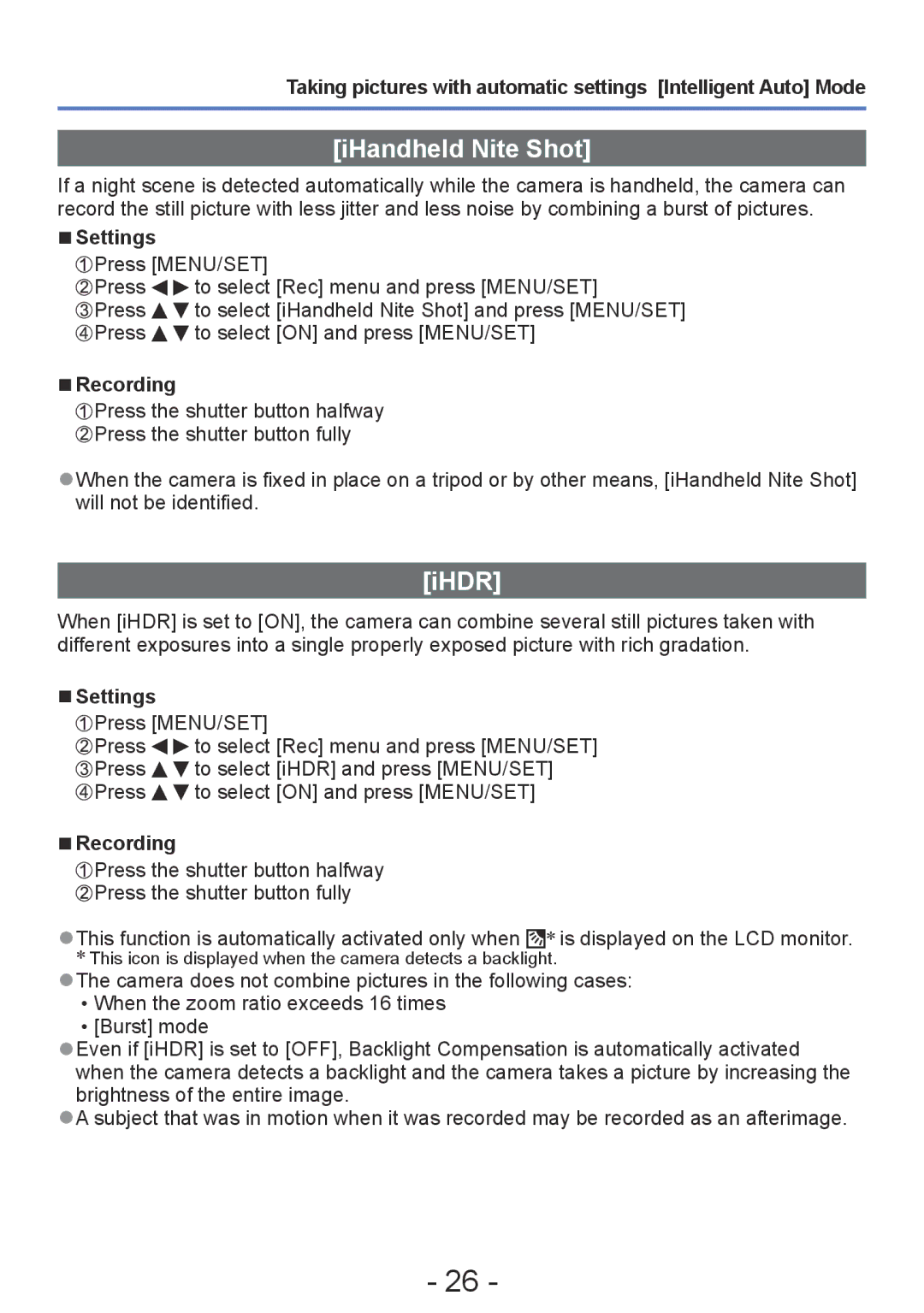 Panasonic DMC-ZS15, DMC-TZ25 operating instructions IHandheld Nite Shot, Ihdr, Recording 