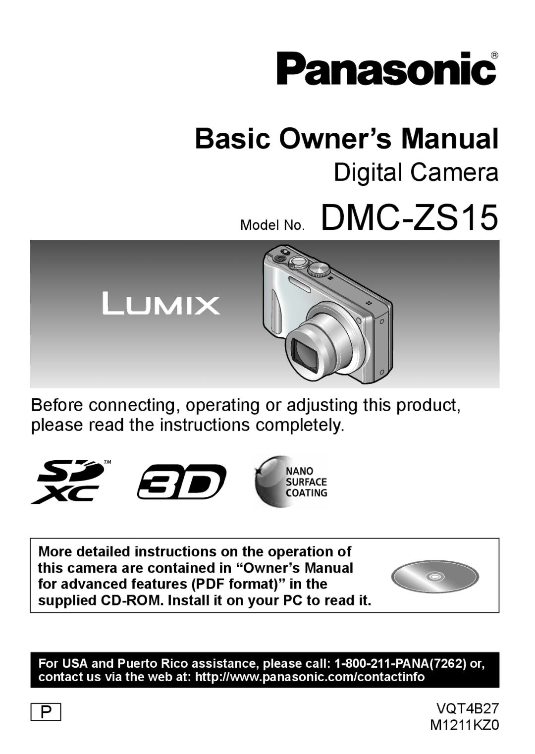 Panasonic DMC-ZS15S, M1211KZ0, VQT4B27, DMCZS15K owner manual Digital Camera 