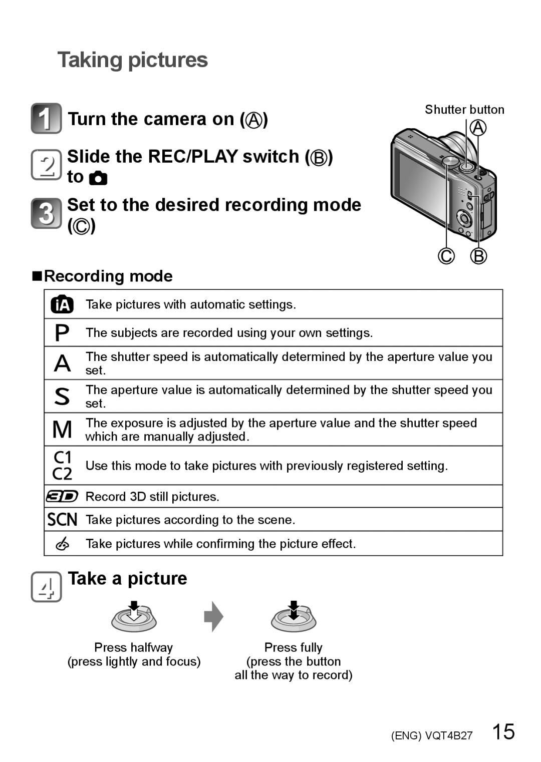 Panasonic DMC-ZS15S, M1211KZ0, VQT4B27, DMCZS15K owner manual Taking pictures, Take a picture 