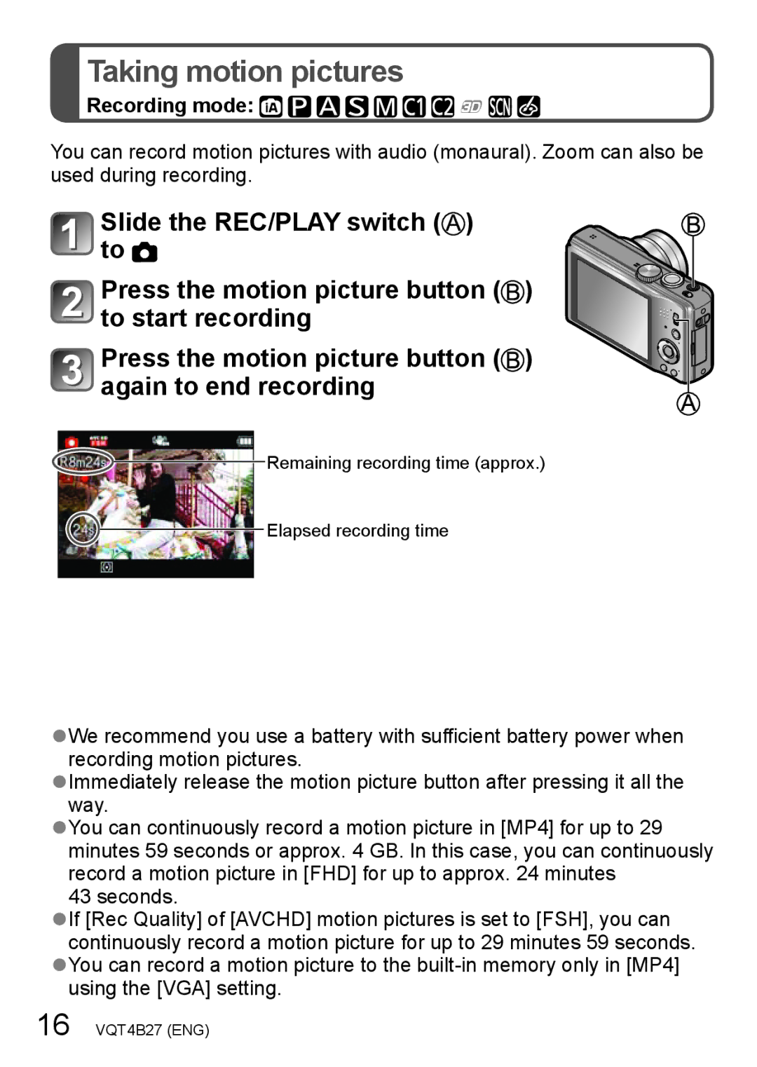 Panasonic DMC-ZS15S, M1211KZ0, VQT4B27, DMCZS15K owner manual Taking motion pictures, Recording mode 