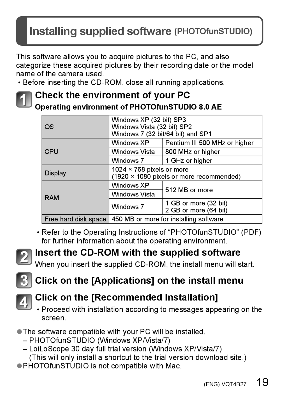 Panasonic DMCZS15K, DMC-ZS15S, M1211KZ0 Installing supplied software PHOTOfunSTUDIO, Check the environment of your PC 