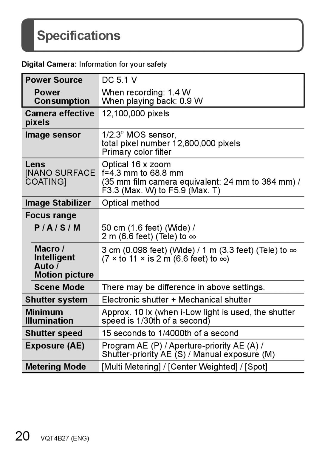 Panasonic DMC-ZS15S, M1211KZ0, VQT4B27, DMCZS15K owner manual Specifications 