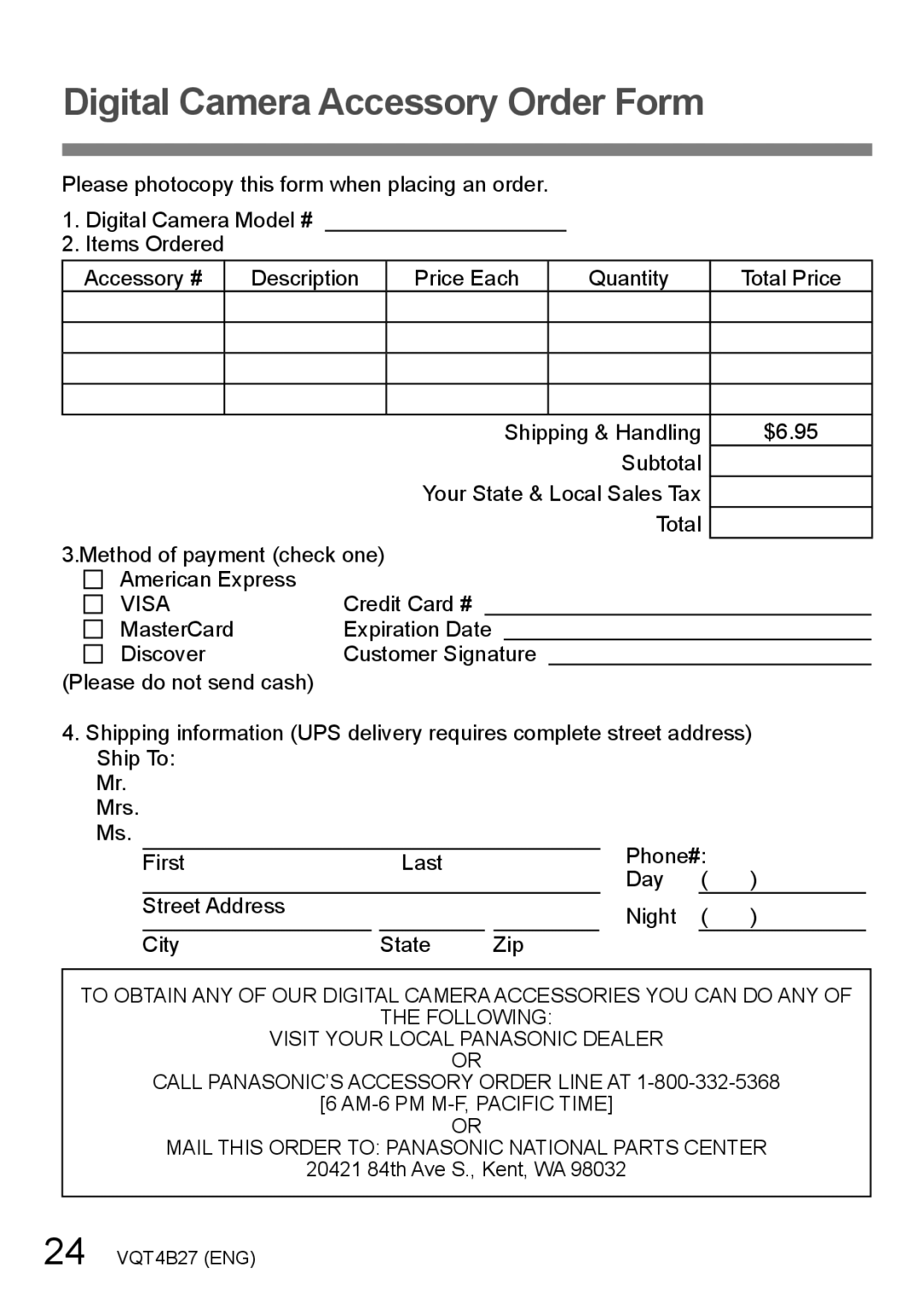 Panasonic DMCZS15K, DMC-ZS15S, M1211KZ0, VQT4B27 owner manual Digital Camera Accessory Order Form, Visa 