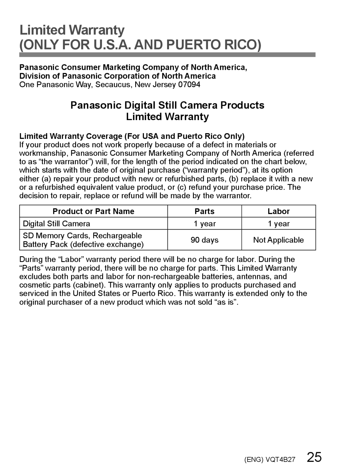 Panasonic DMC-ZS15S, M1211KZ0, VQT4B27, DMCZS15K owner manual Limited Warranty, Only for U.S.A. and Puerto Rico 