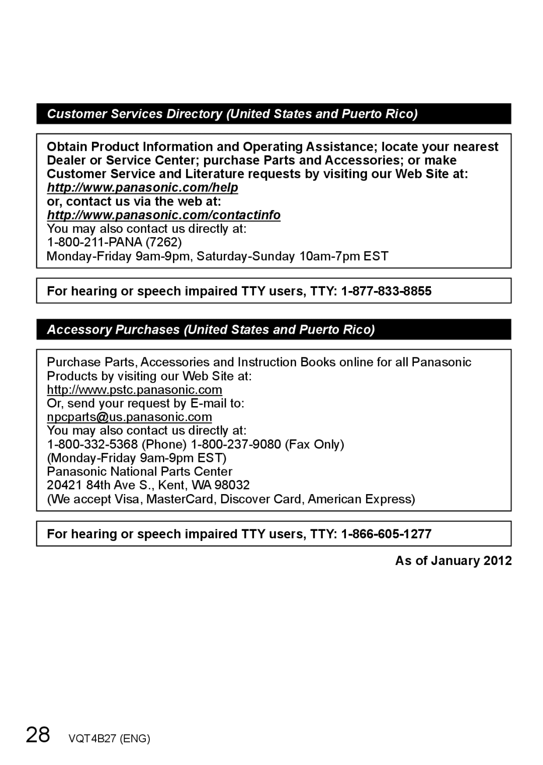 Panasonic VQT4B27, DMC-ZS15S, M1211KZ0, DMCZS15K owner manual Customer Services Directory United States and Puerto Rico 