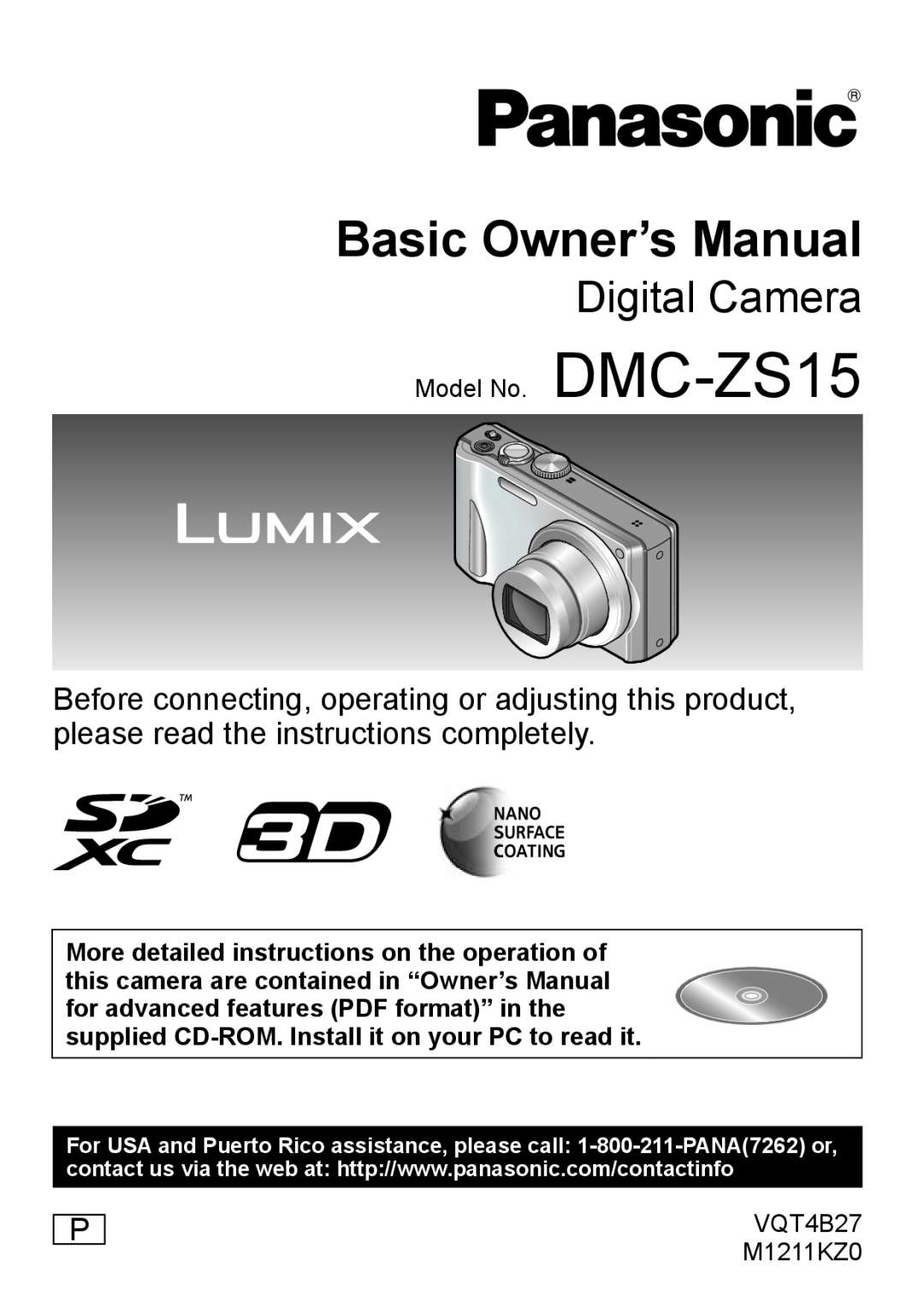 Panasonic DMC-ZS15S, M1211KZ0, VQT4B27, DMCZS15K owner manual Basic Owner’s Manual, Digital Camera 
