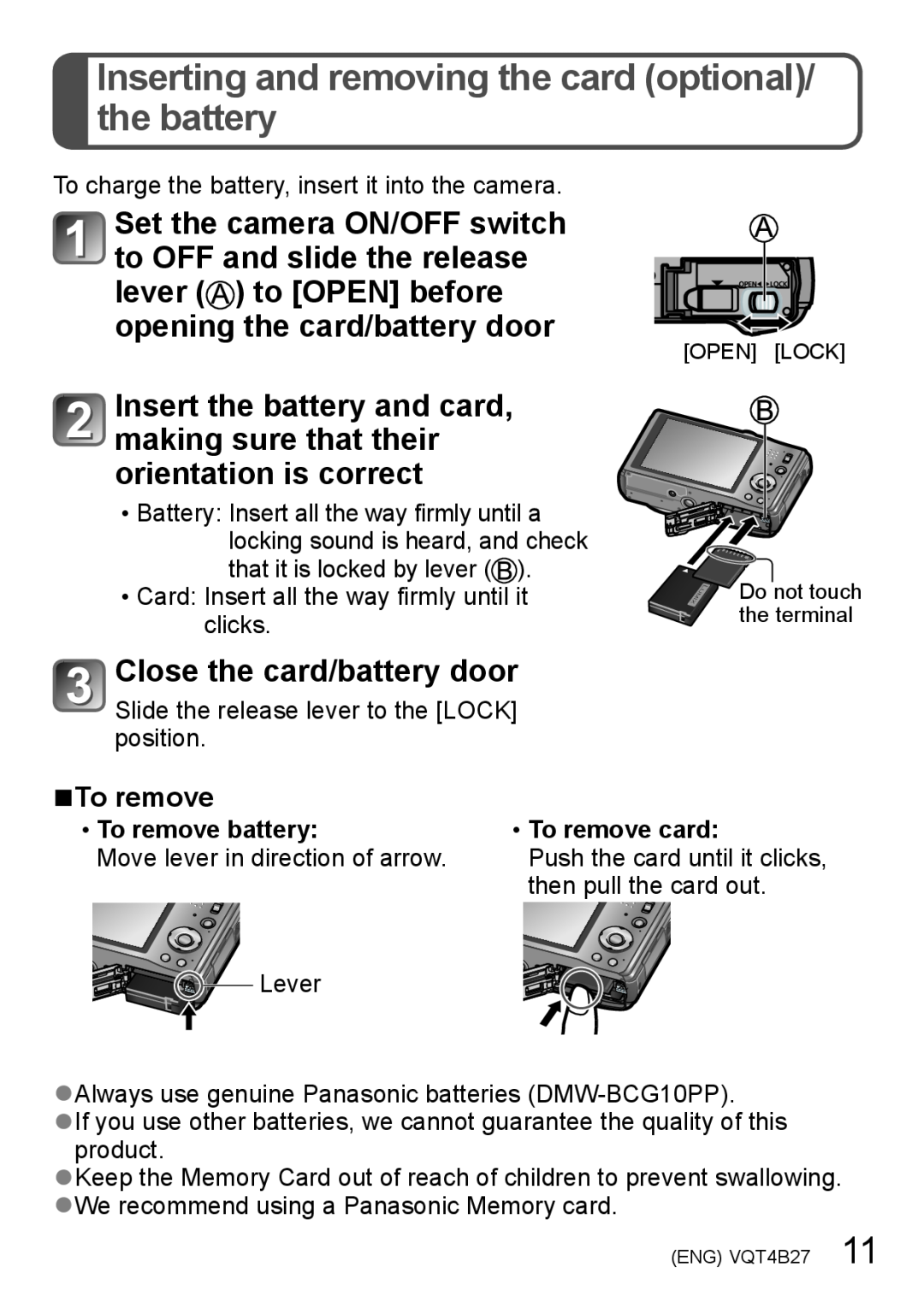 Panasonic DMC-ZS15S, M1211KZ0, VQT4B27 Inserting and removing the card optional/ the battery, Close the card/battery door 