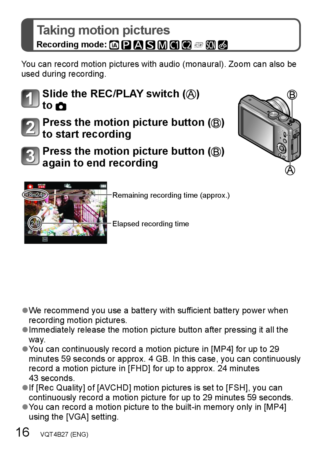 Panasonic DMC-ZS15S, M1211KZ0, VQT4B27, DMCZS15K owner manual Taking motion pictures, Slide the REC/PLAY switch to 