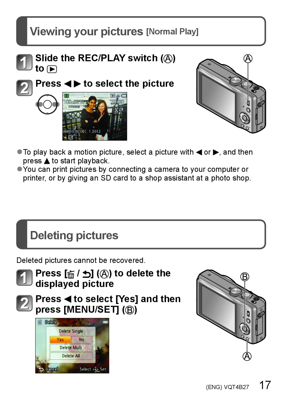Panasonic M1211KZ0, DMC-ZS15 Viewing your pictures Normal Play, Deleting pictures, Press / to delete the displayed picture 