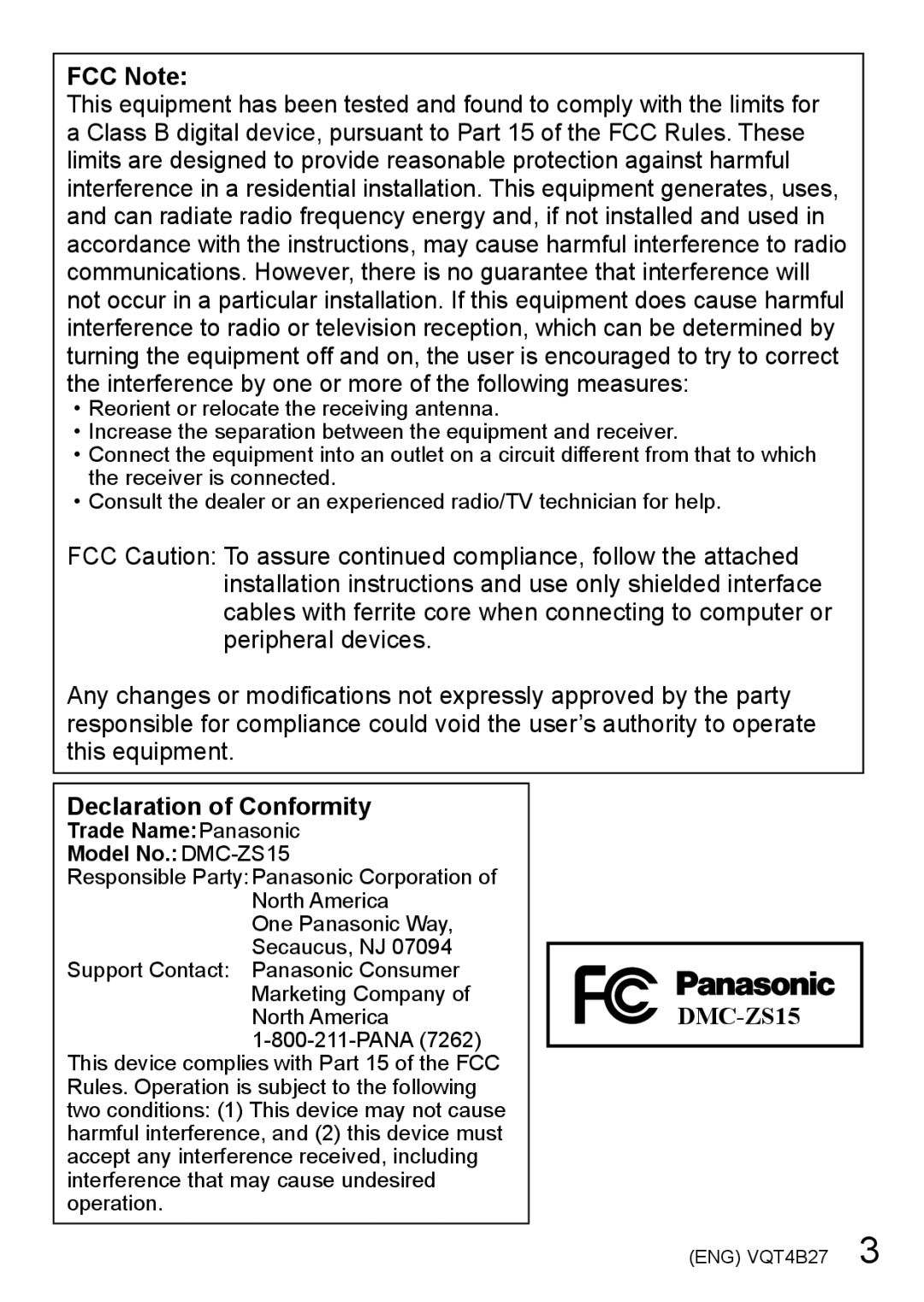 Panasonic VQT4B27, DMC-ZS15S, M1211KZ0, DMCZS15K owner manual FCC Note, Declaration of Conformity 