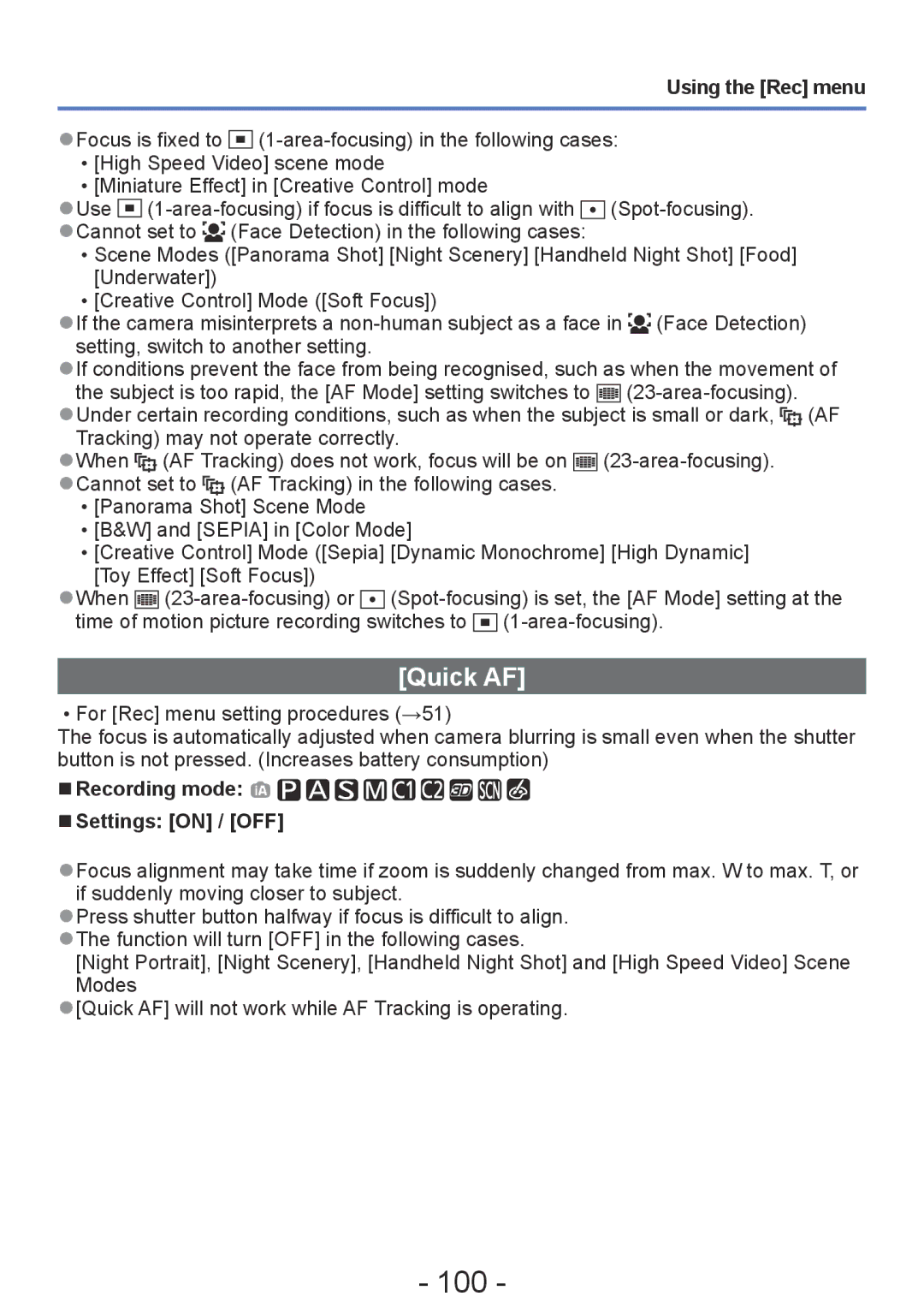 Panasonic DMC-ZS20, DMC-TZ30 manual 100, Quick AF, Recording mode Settings on / OFF 