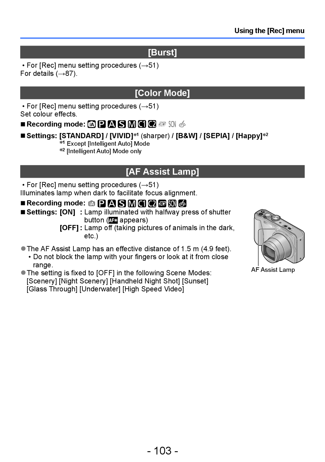 Panasonic DMC-TZ30, DMC-ZS20 manual 103, Burst, Color Mode, AF Assist Lamp 