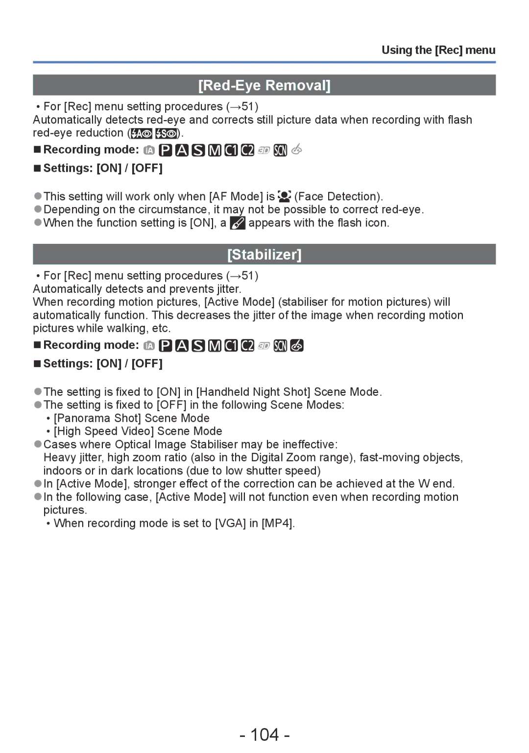 Panasonic DMC-ZS20, DMC-TZ30 manual 104, Red-Eye Removal, Stabilizer 