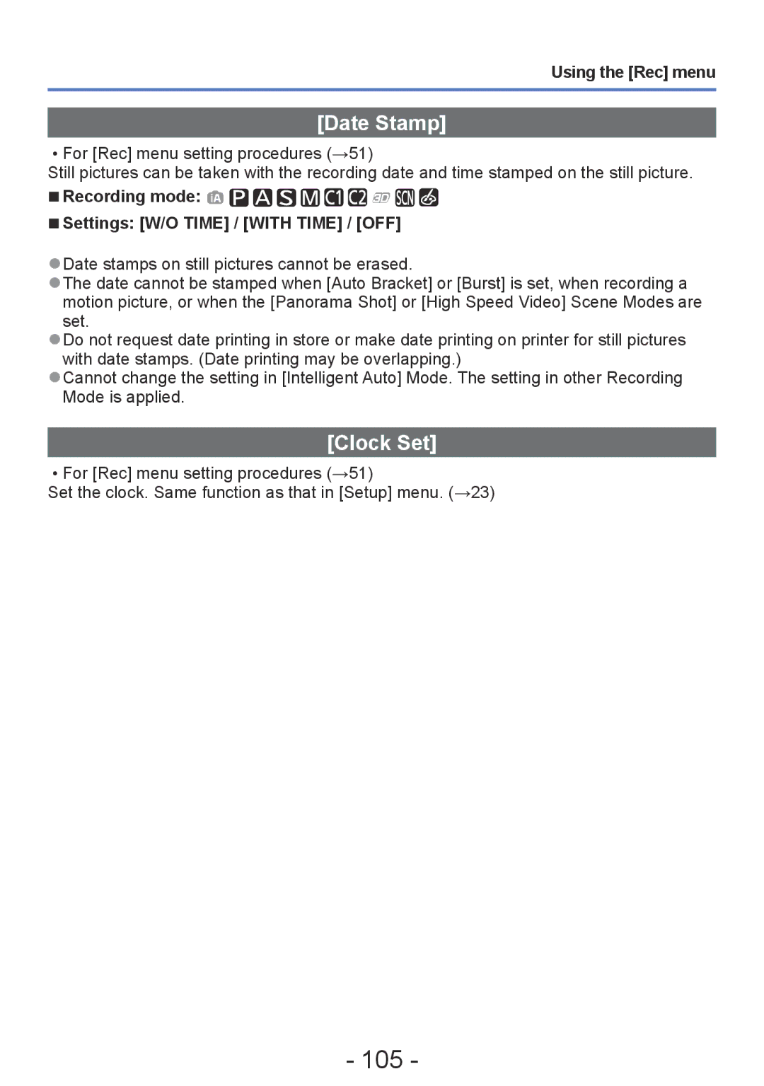 Panasonic DMC-TZ30, DMC-ZS20 manual 105, Date Stamp, Clock Set, Recording mode Settings W/O Time / with Time / OFF 