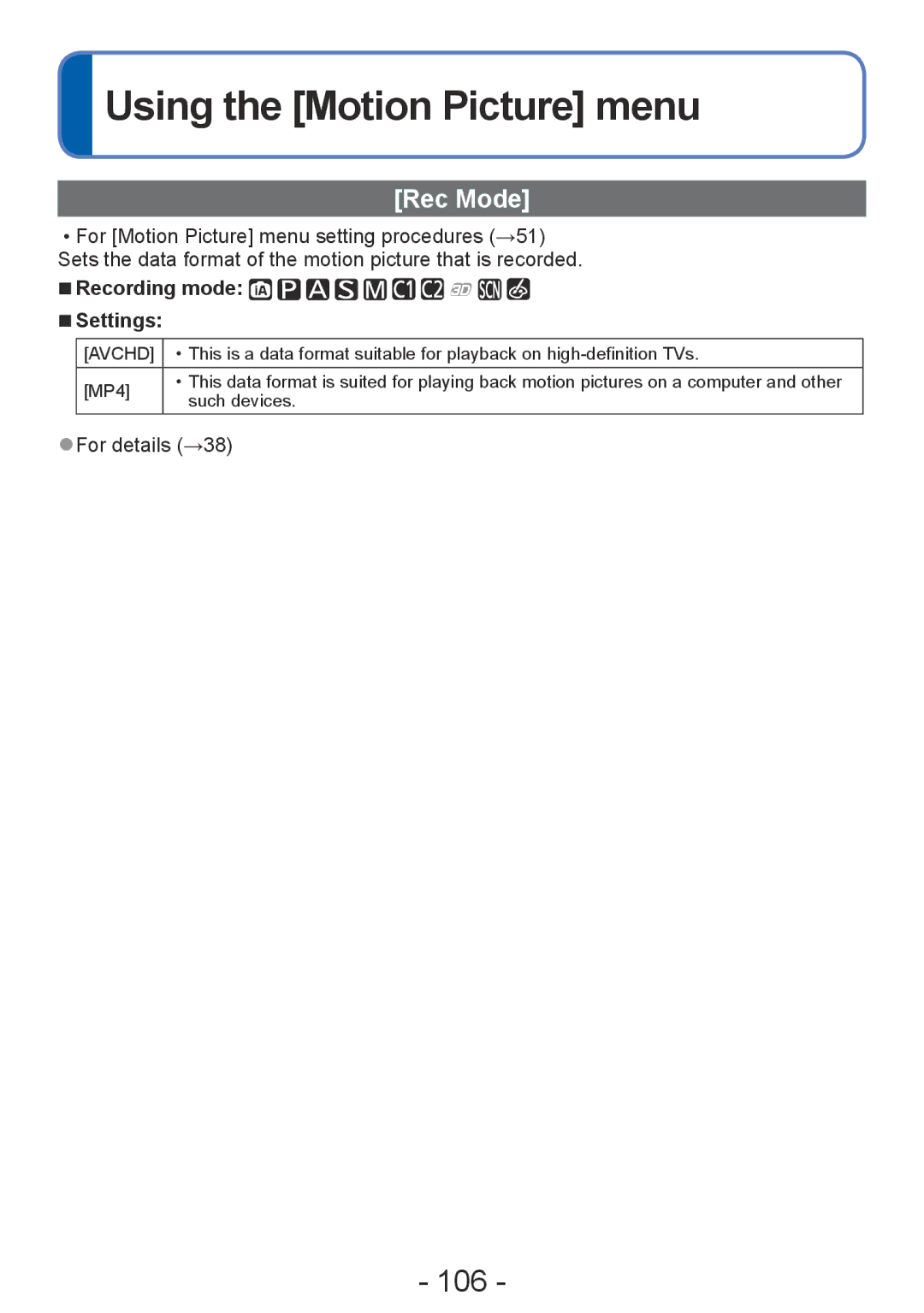 Panasonic DMC-ZS20, DMC-TZ30 manual Using the Motion Picture menu, 106, Rec Mode 