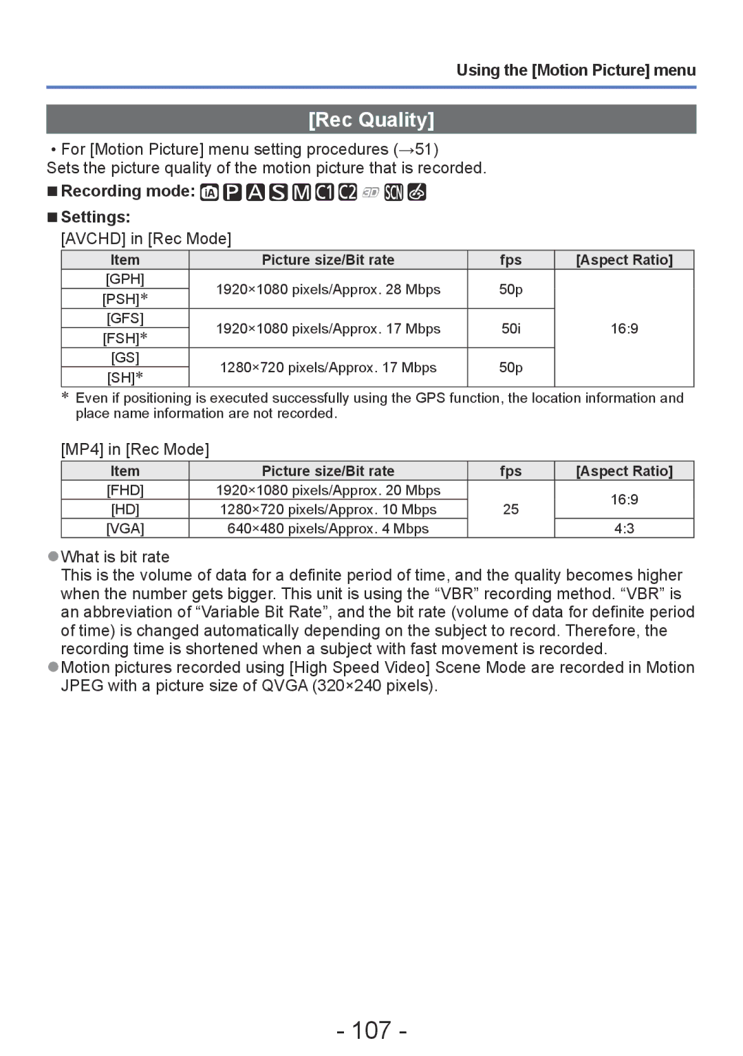 Panasonic DMC-TZ30, DMC-ZS20 manual 107, Rec Quality, Using the Motion Picture menu, Fps Aspect Ratio 