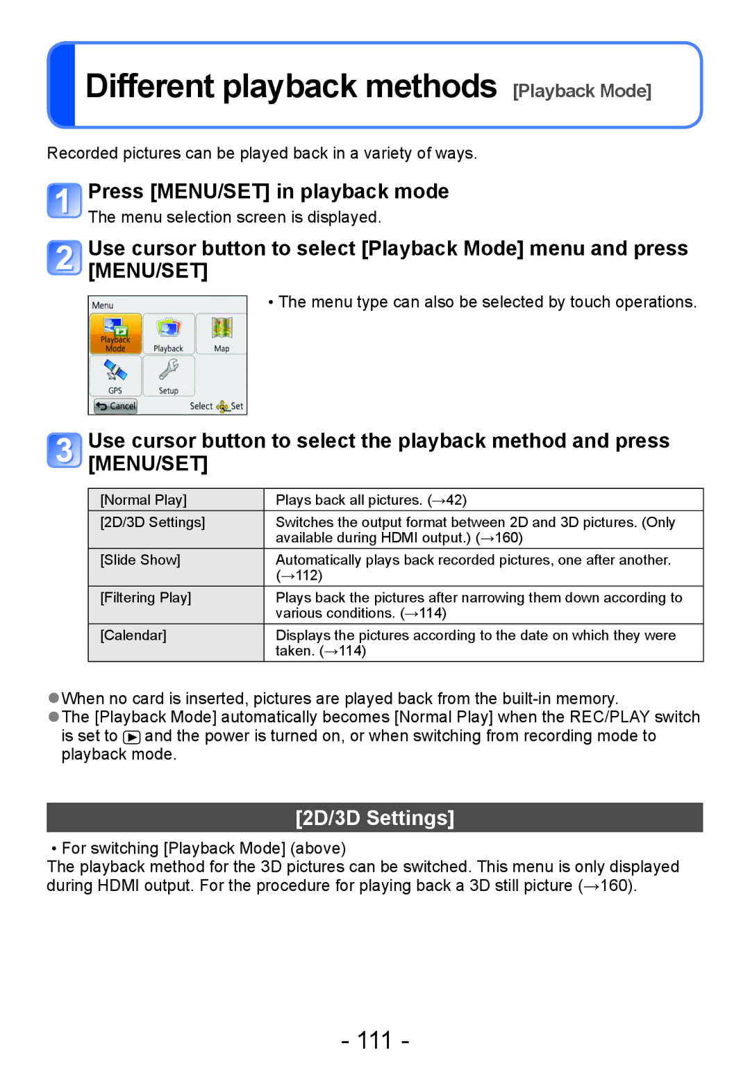 Panasonic DMC-TZ30 manual Different playback methods Playback Mode, 111, Press MENU/SET in playback mode, 2D/3D Settings 