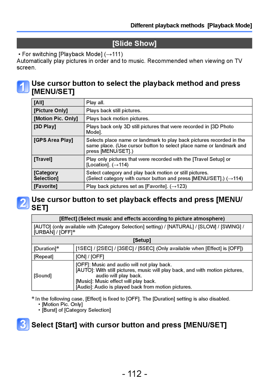 Panasonic DMC-ZS20, DMC-TZ30 manual 112, Slide Show, Select Start with cursor button and press MENU/SET 