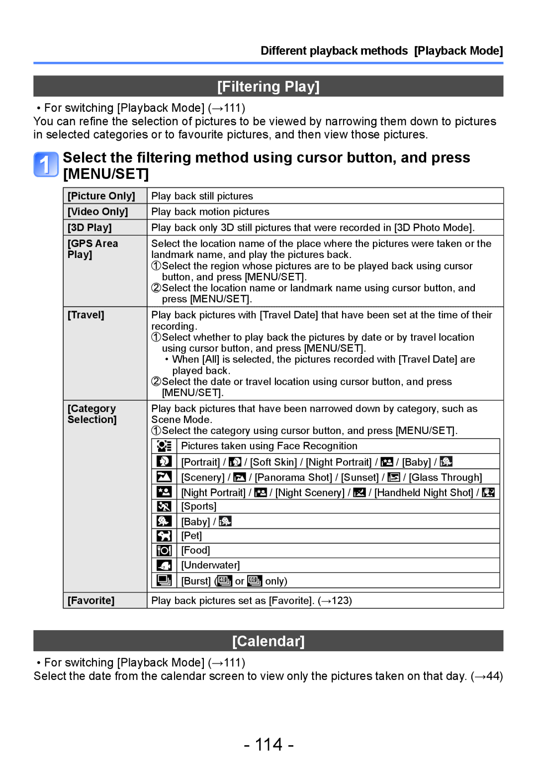 Panasonic DMC-ZS20, DMC-TZ30 manual 114, Filtering Play, Calendar 