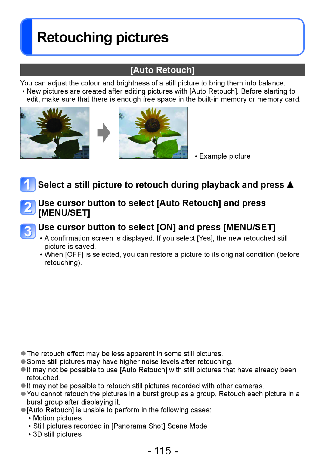Panasonic DMC-TZ30, DMC-ZS20 manual Retouching pictures, 115, Auto Retouch 