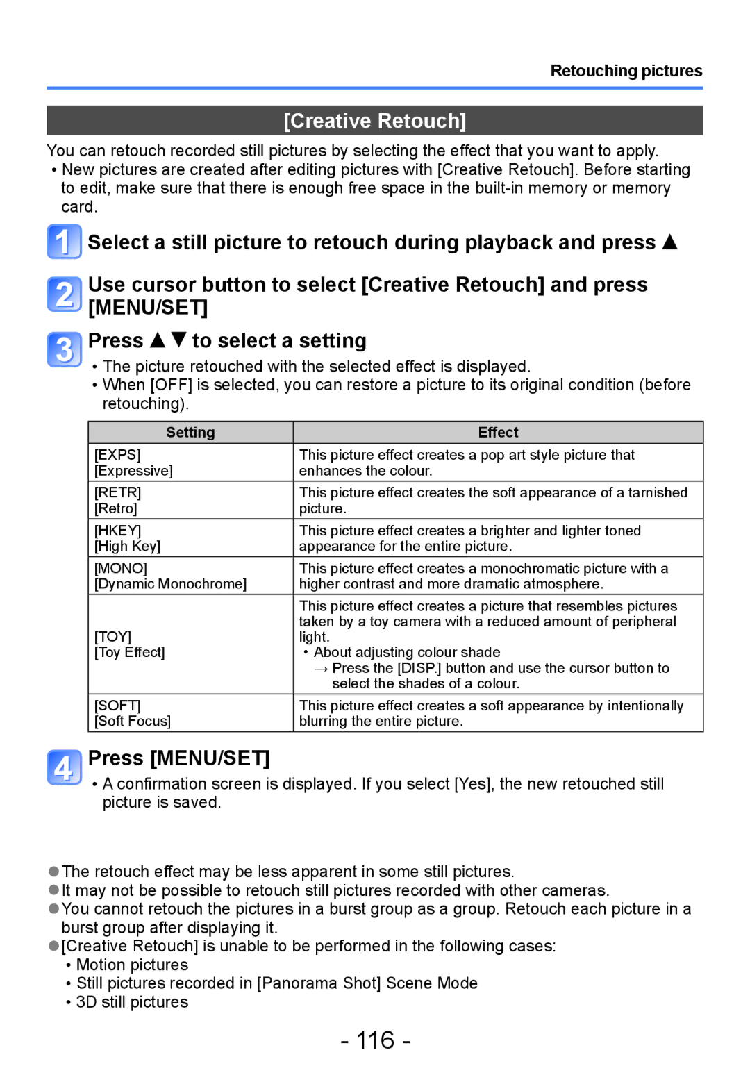Panasonic DMC-ZS20, DMC-TZ30 manual 116, Creative Retouch, Retouching pictures 