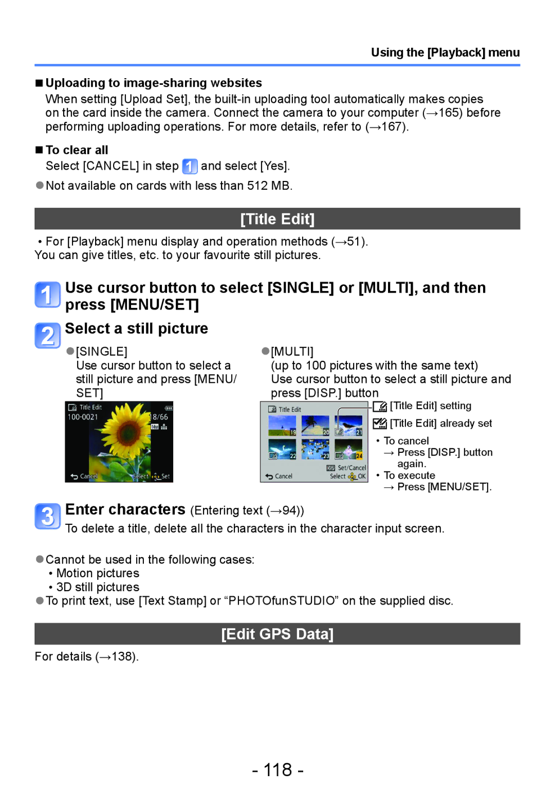 Panasonic DMC-ZS20, DMC-TZ30 118, Title Edit, Edit GPS Data, Using the Playback menu Uploading to image-sharing websites 