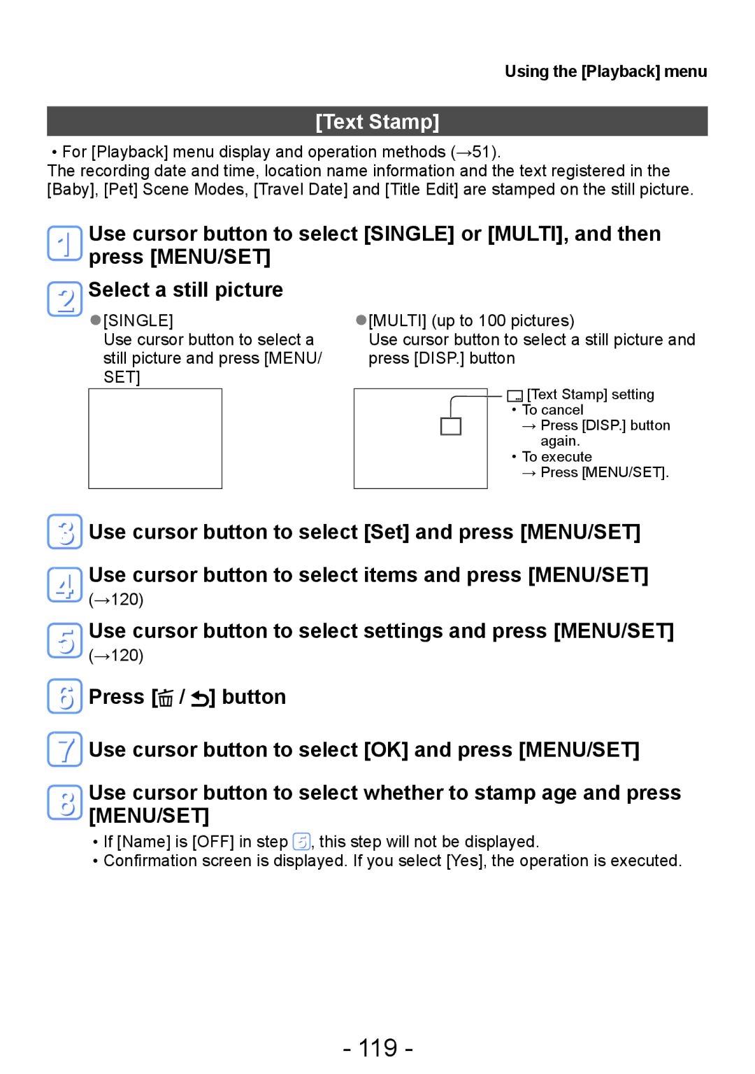 Panasonic DMC-TZ30 manual 119, Text Stamp, Use cursor button to select settings and press MENU/SET, Using the Playback menu 