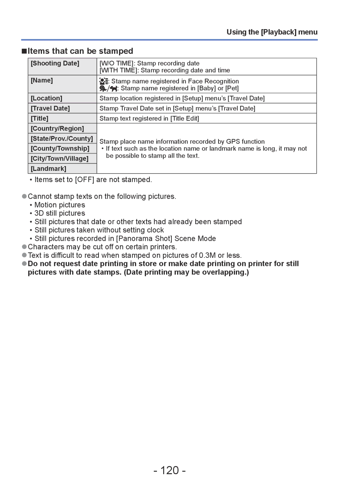 Panasonic DMC-ZS20, DMC-TZ30 manual 120, Items that can be stamped, Using the Playback menu 