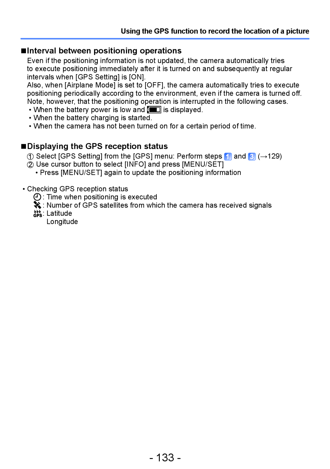 Panasonic DMC-TZ30, DMC-ZS20 manual 133, Interval between positioning operations, Displaying the GPS reception status 