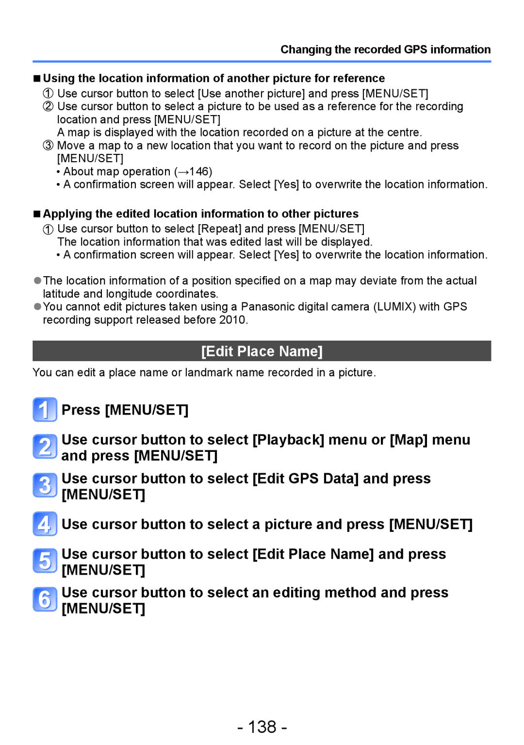 Panasonic DMC-ZS20, DMC-TZ30 manual 138, Edit Place Name, Applying the edited location information to other pictures 