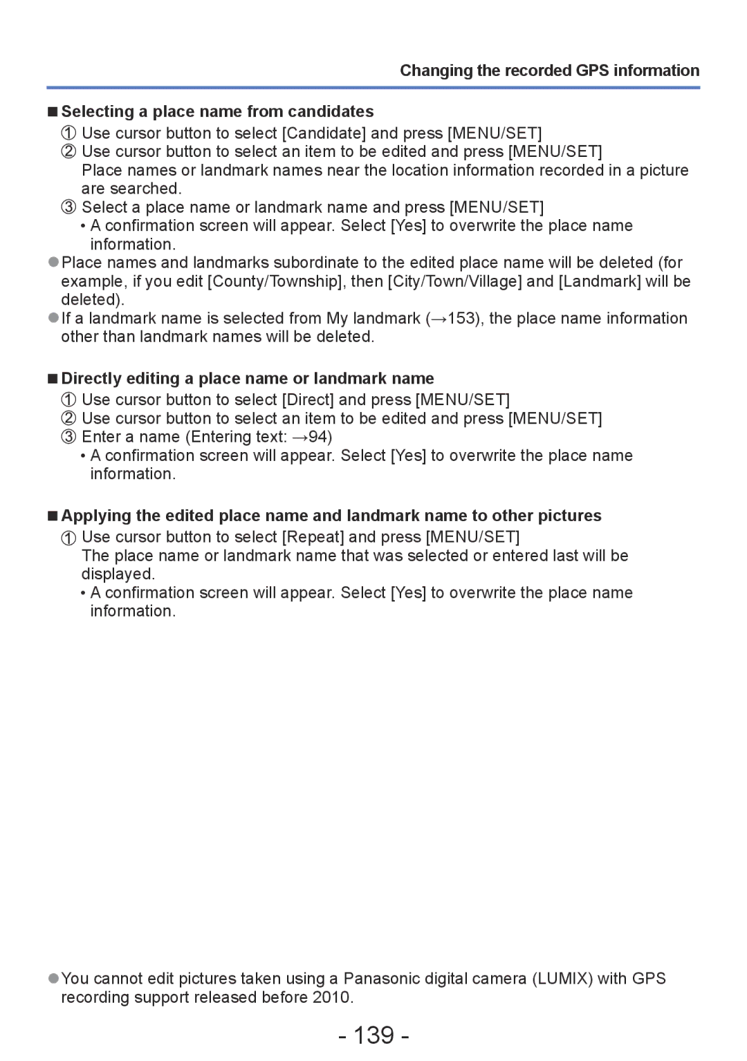 Panasonic DMC-TZ30, DMC-ZS20 manual 139, Directly editing a place name or landmark name 