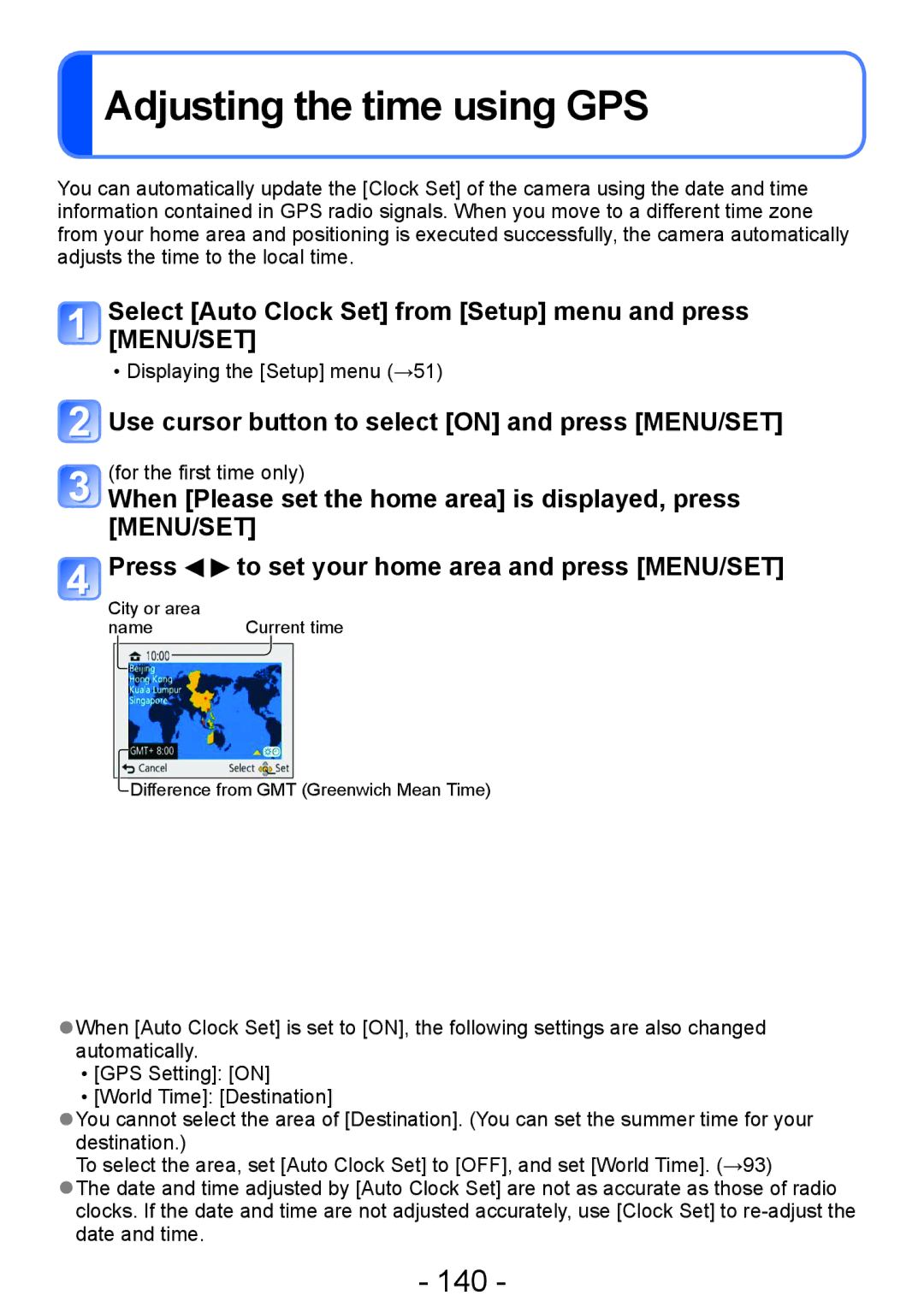 Panasonic DMC-ZS20, DMC-TZ30 Adjusting the time using GPS, 140, Select Auto Clock Set from Setup menu and press MENU/SET 