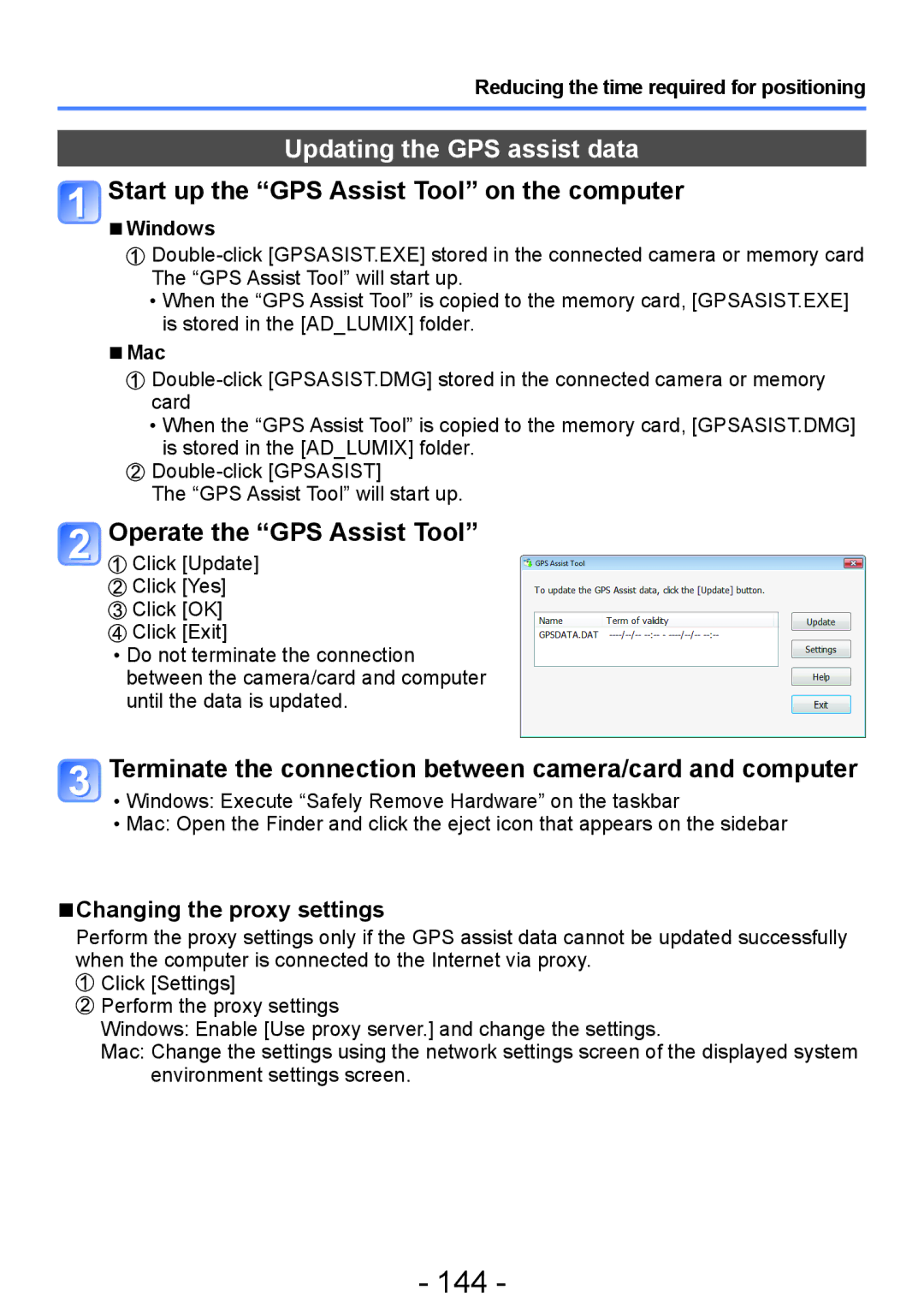 Panasonic DMC-ZS20, DMC-TZ30 144, Updating the GPS assist data, Operate the GPS Assist Tool, Changing the proxy settings 