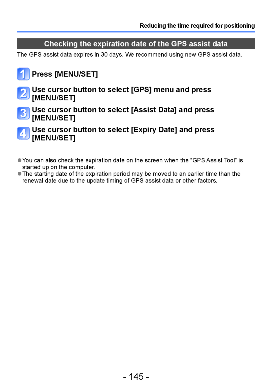 Panasonic DMC-TZ30, DMC-ZS20 manual 145, Checking the expiration date of the GPS assist data 