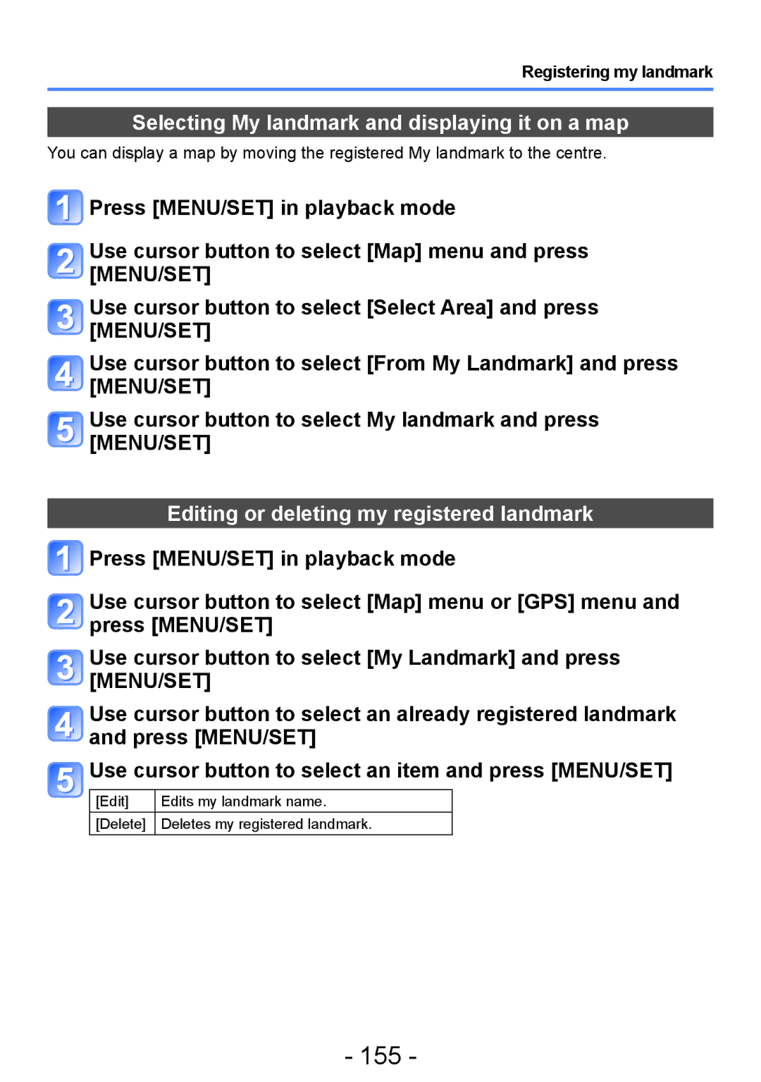 Panasonic DMC-TZ30 manual 155, Selecting My landmark and displaying it on a map, Editing or deleting my registered landmark 