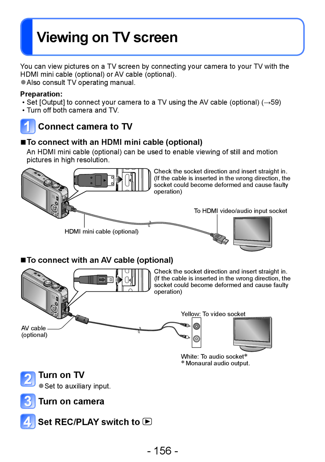 Panasonic DMC-ZS20 Viewing on TV screen, 156, Connect camera to TV, Turn on TV, Turn on camera Set REC/PLAY switch to 