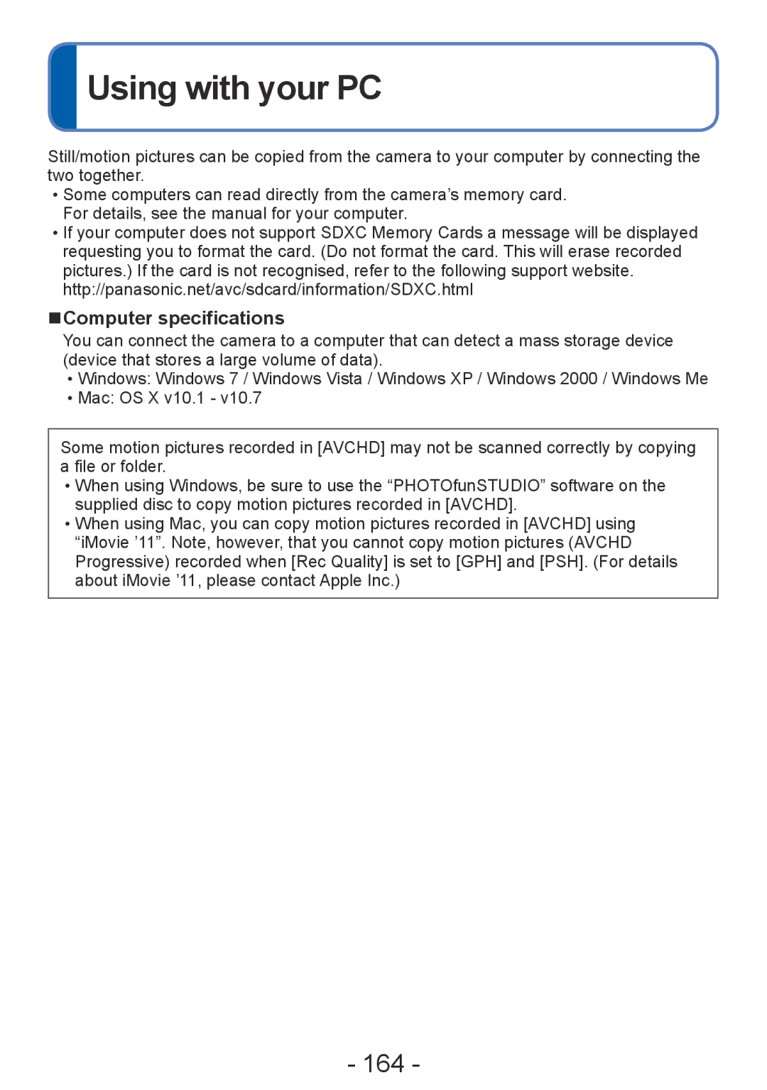 Panasonic DMC-ZS20, DMC-TZ30 manual Using with your PC, 164, Computer specifications 