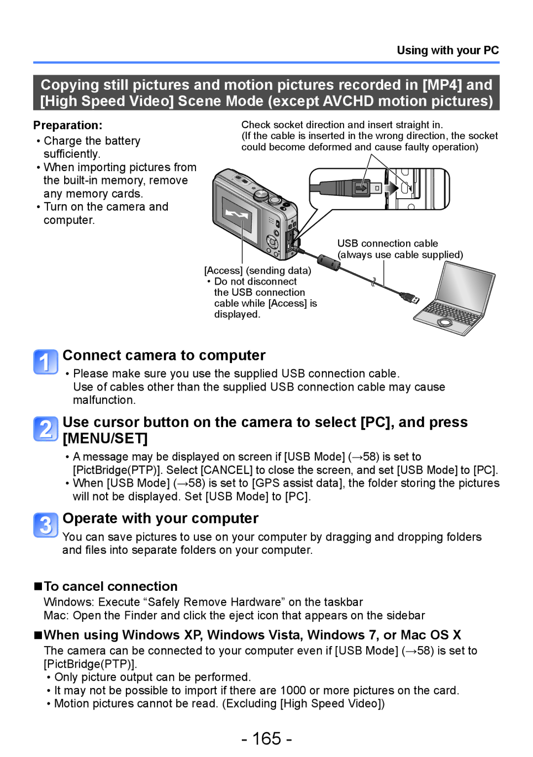 Panasonic DMC-TZ30, DMC-ZS20 manual 165, Connect camera to computer, Operate with your computer, To cancel connection 