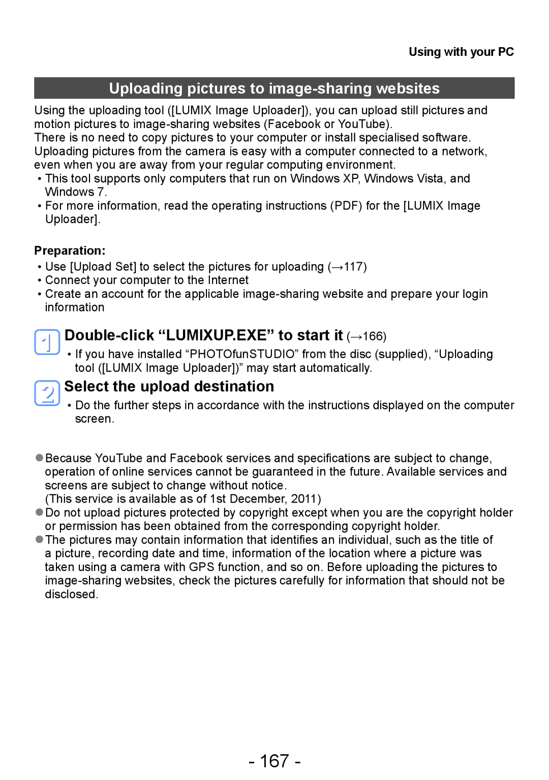 Panasonic DMC-TZ30, DMC-ZS20 167, Uploading pictures to image-sharing websites, Double-click LUMIXUP.EXE to start it →166 