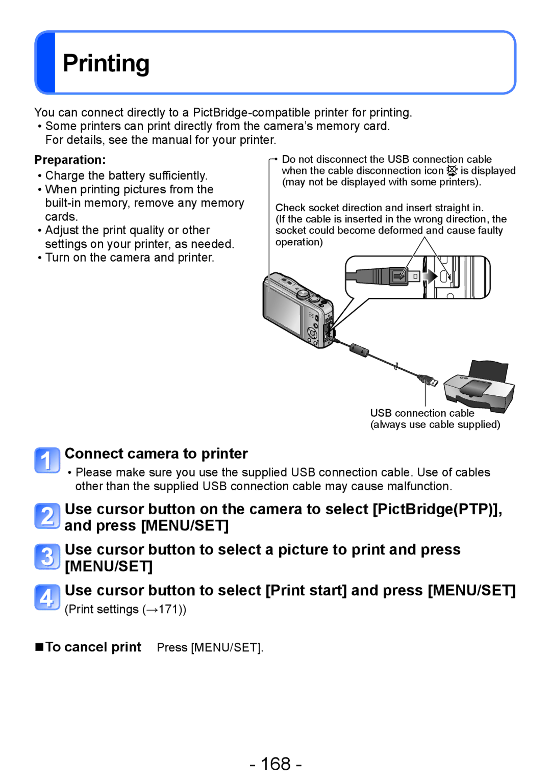 Panasonic DMC-ZS20, DMC-TZ30 manual Printing, 168, Connect camera to printer 