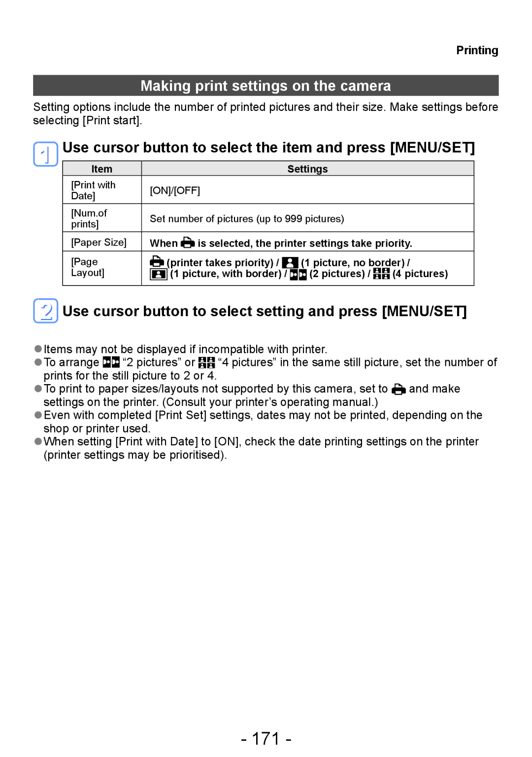 Panasonic DMC-TZ30 manual 171, Making print settings on the camera, Use cursor button to select setting and press MENU/SET 