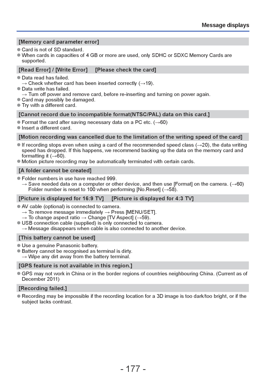 Panasonic DMC-TZ30, DMC-ZS20 manual 177, Message displays 