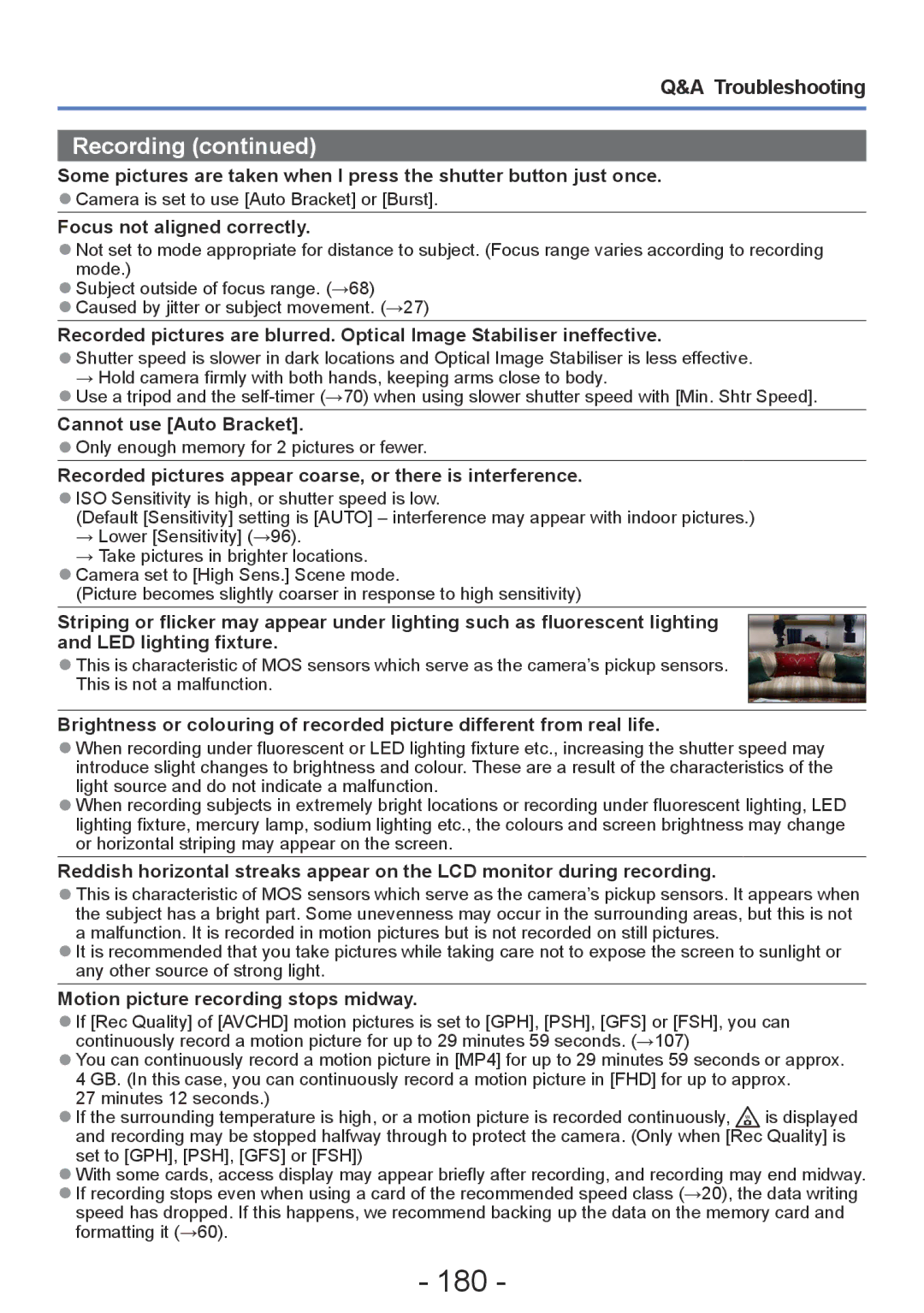 Panasonic DMC-ZS20 manual 180, Focus not aligned correctly, Cannot use Auto Bracket, Motion picture recording stops midway 