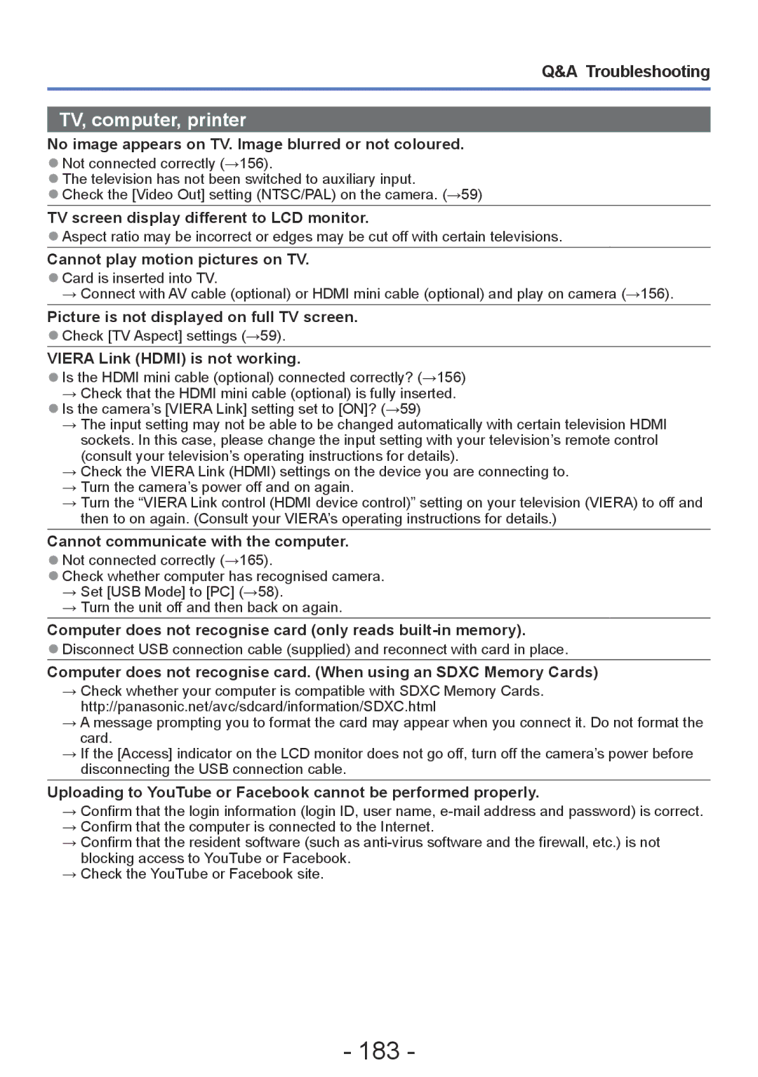 Panasonic DMC-TZ30, DMC-ZS20 manual 183, TV screen display different to LCD monitor, Viera Link Hdmi is not working 
