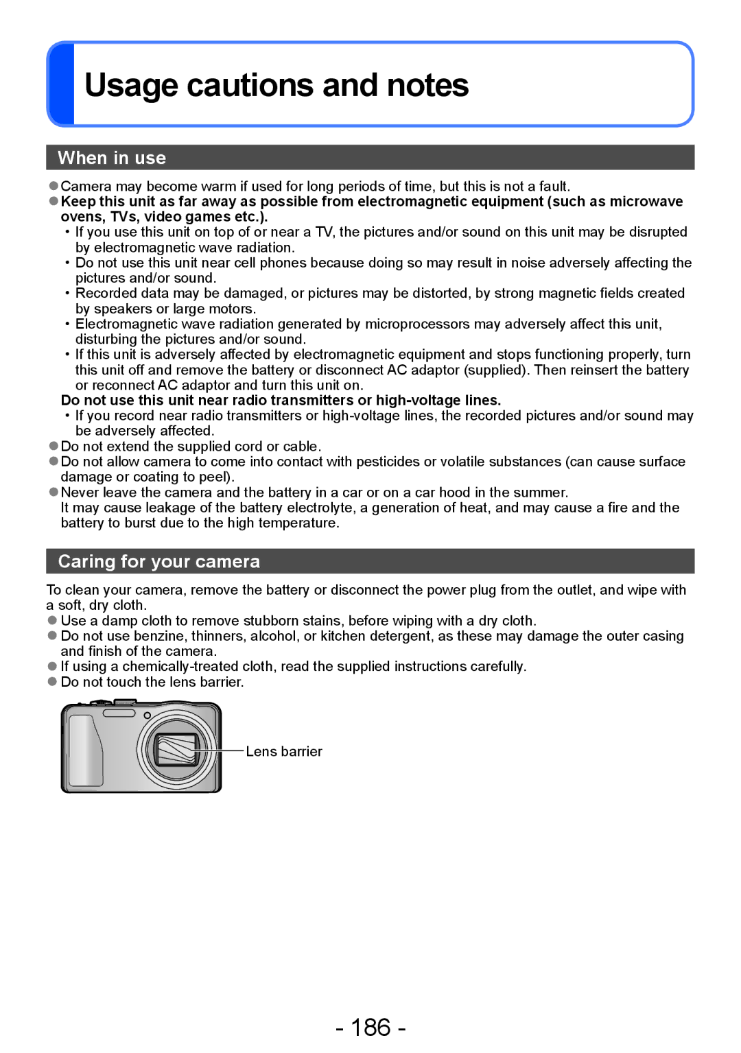 Panasonic DMC-ZS20, DMC-TZ30 manual Usage cautions and notes, 186 