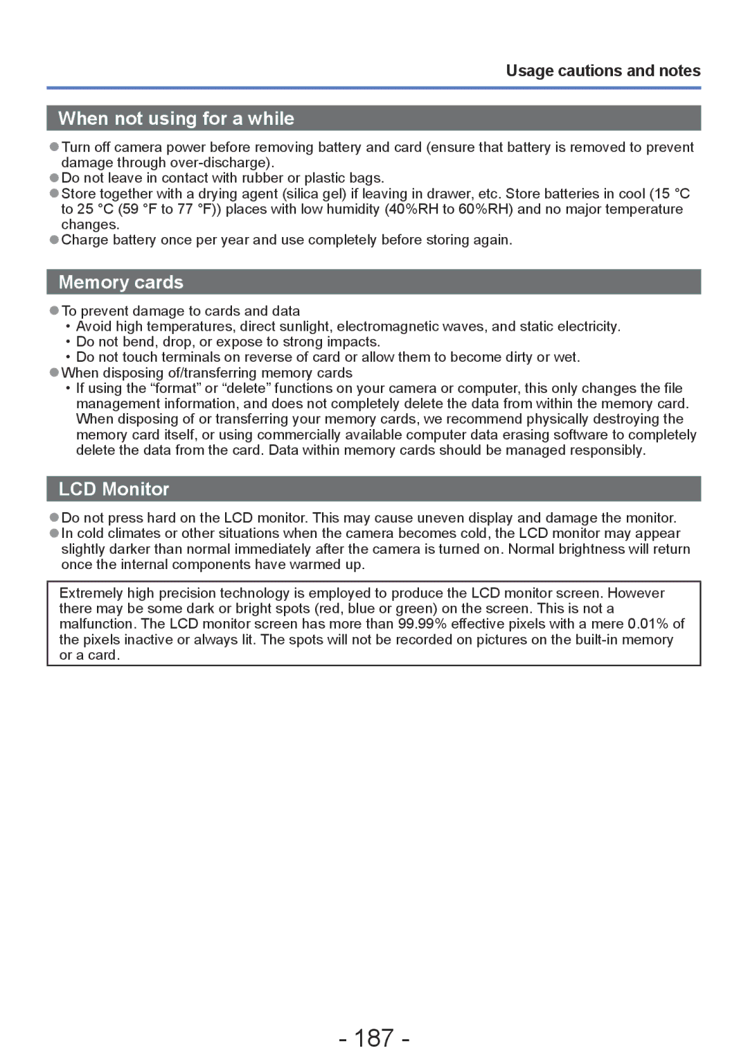 Panasonic DMC-TZ30, DMC-ZS20 manual 187, Usage cautions and notes 