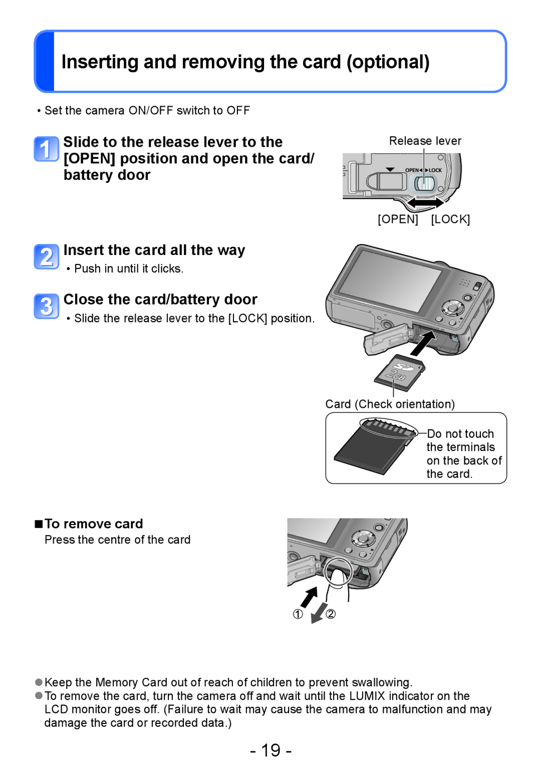 Panasonic DMC-TZ30, DMC-ZS20 manual Inserting and removing the card optional, Insert the card all the way, To remove card 