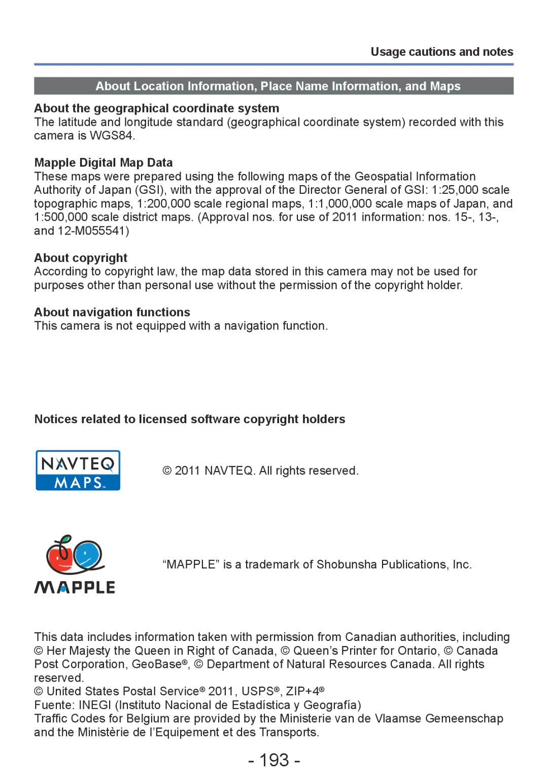 Panasonic DMC-TZ30, DMC-ZS20 manual 193, About the geographical coordinate system, Mapple Digital Map Data, About copyright 